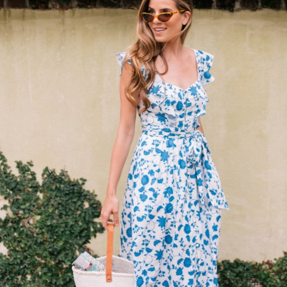 Gal Meets Glam, Olivia Blue/White Floral Midi Dress with Ruffle Sleeve, 12